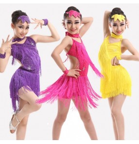 Yellow purple fuchsia hot pink fringes backless girls kids children competition performance salsa latin dance dresses